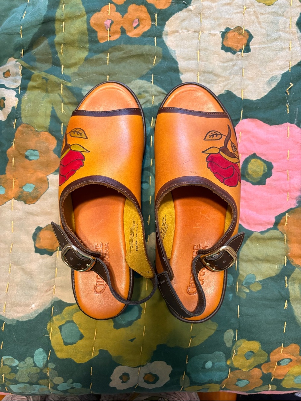 Leather Tan Slingback Sandals with Red Rose Accent